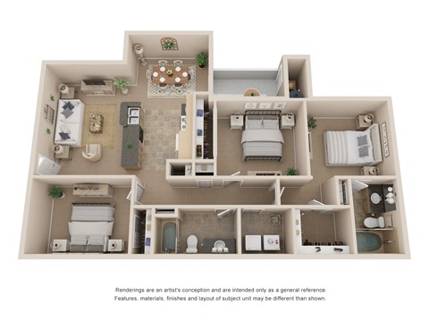 Floor plan for 3 beds, 2 baths, 1222 sqft
